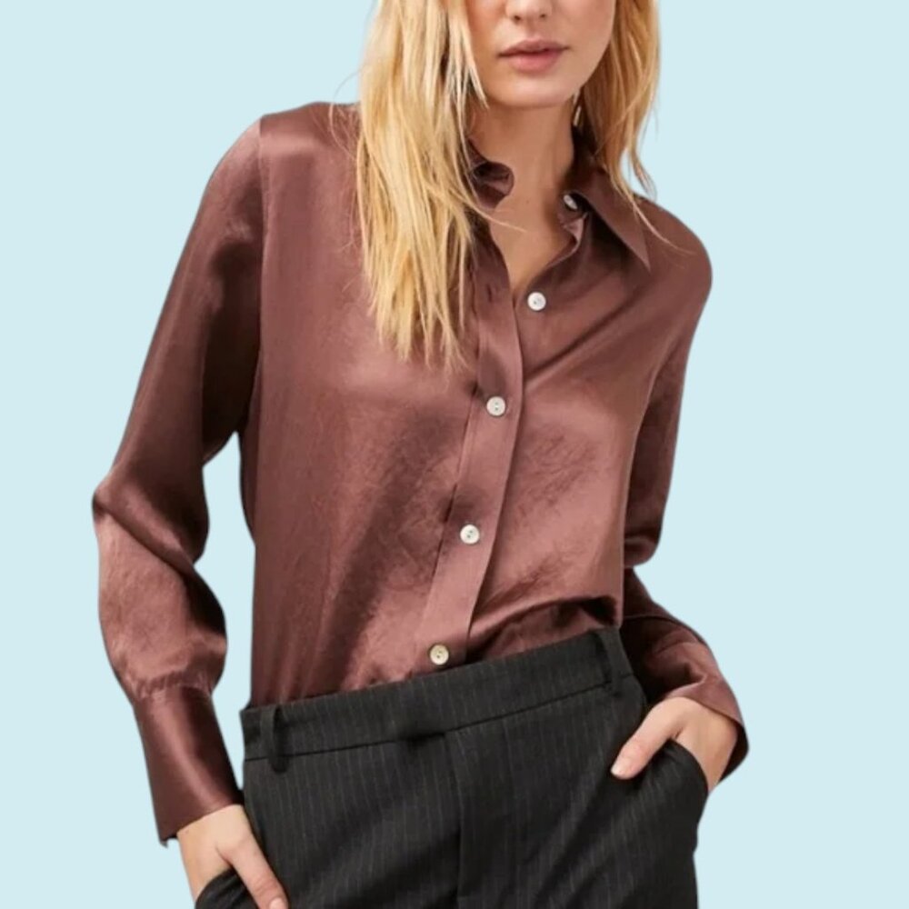 Rails Blouse Women's Large Andrea Nutmeg Brown Satin Long Sleeve Button Down